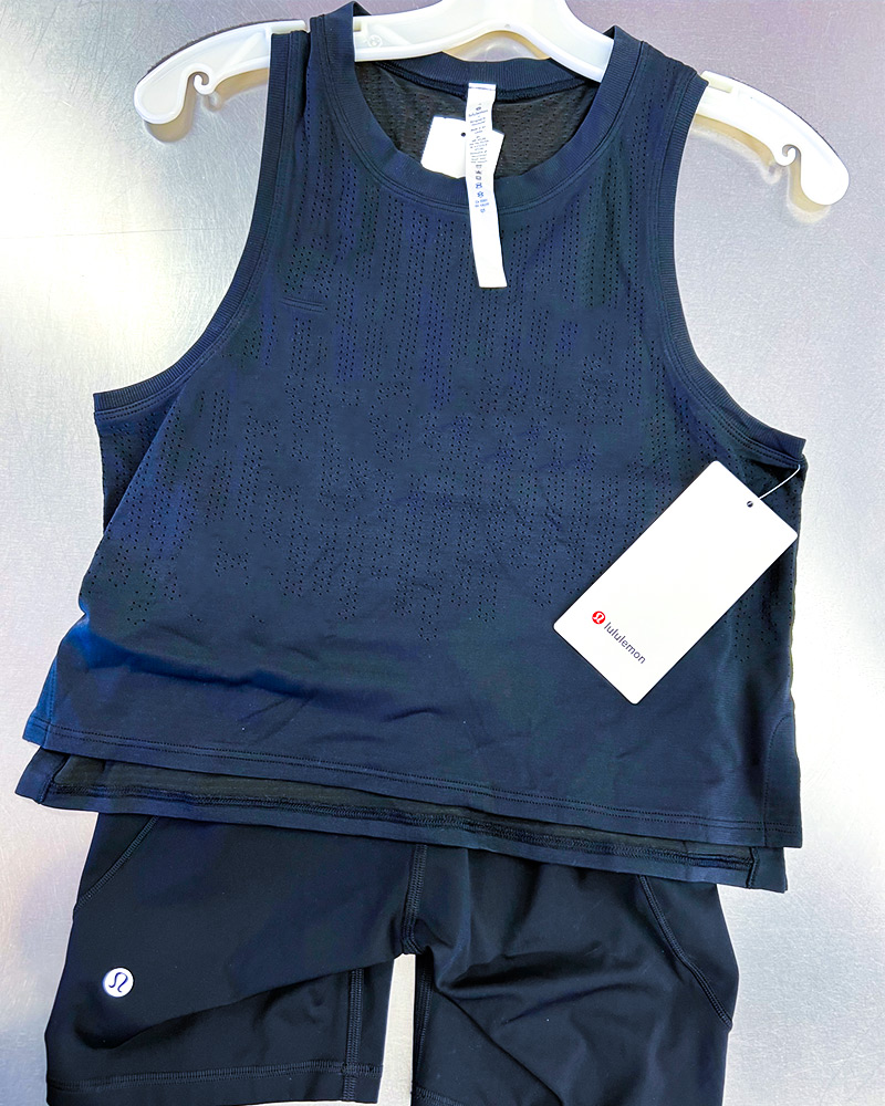 athletic-athleisure LuLuLemon black athleisure tank top and shorts set