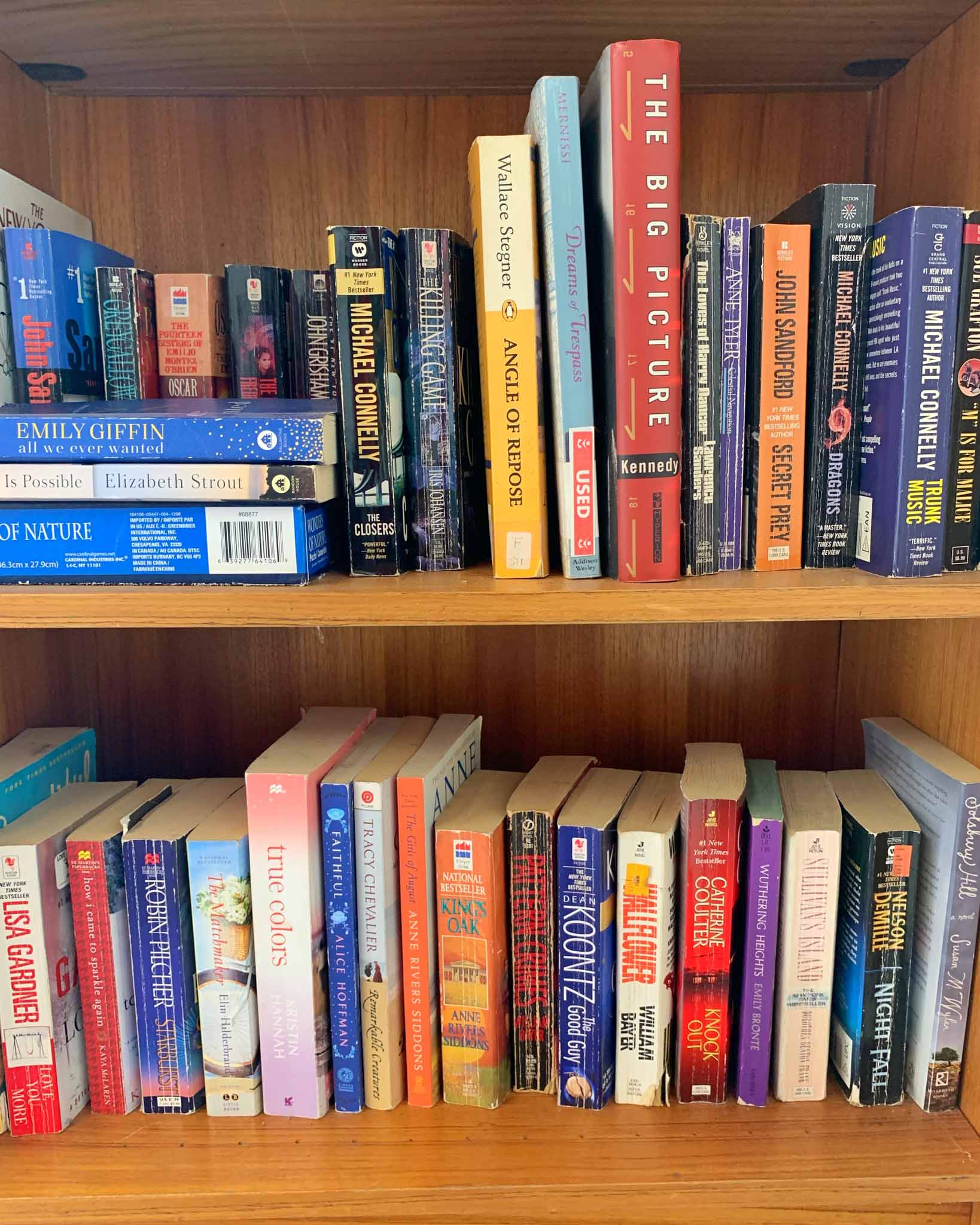 a two-shelfed bookcase holding books of different sizes and colors