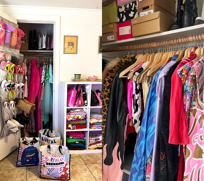 split view of an organized closet and cube organizer with a closeup of clothes hanging on the bar and shoe boxes on the shelf above