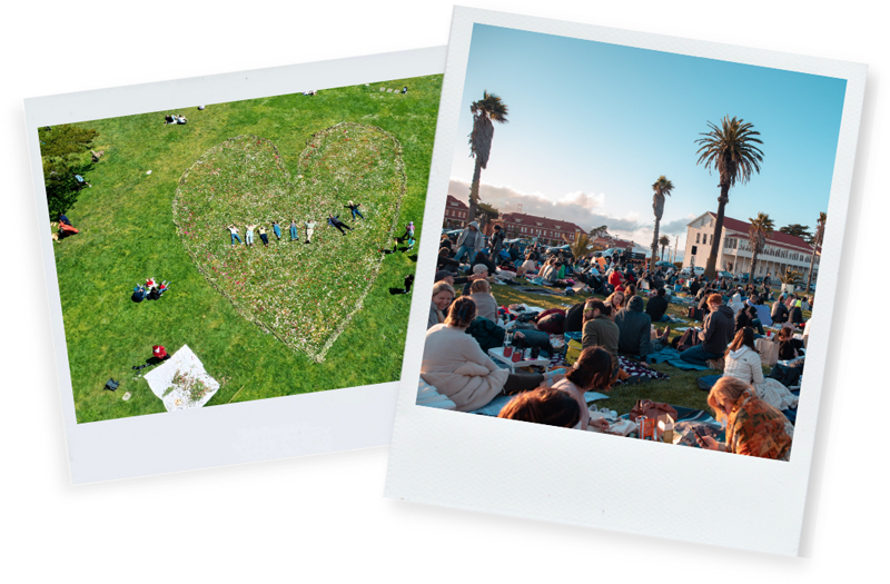 Two photos: Group of people laying down in a field, and people at an outdoor concert