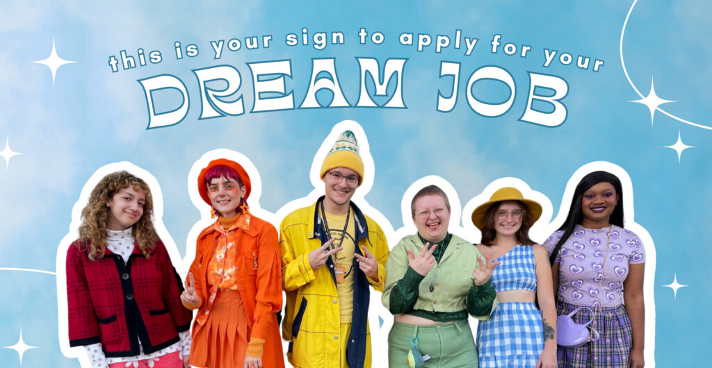 "This Is Your Sign to Apply for Your Dream Job" text over a group of Buffalo employees, each wearing a different color of the rainbow.