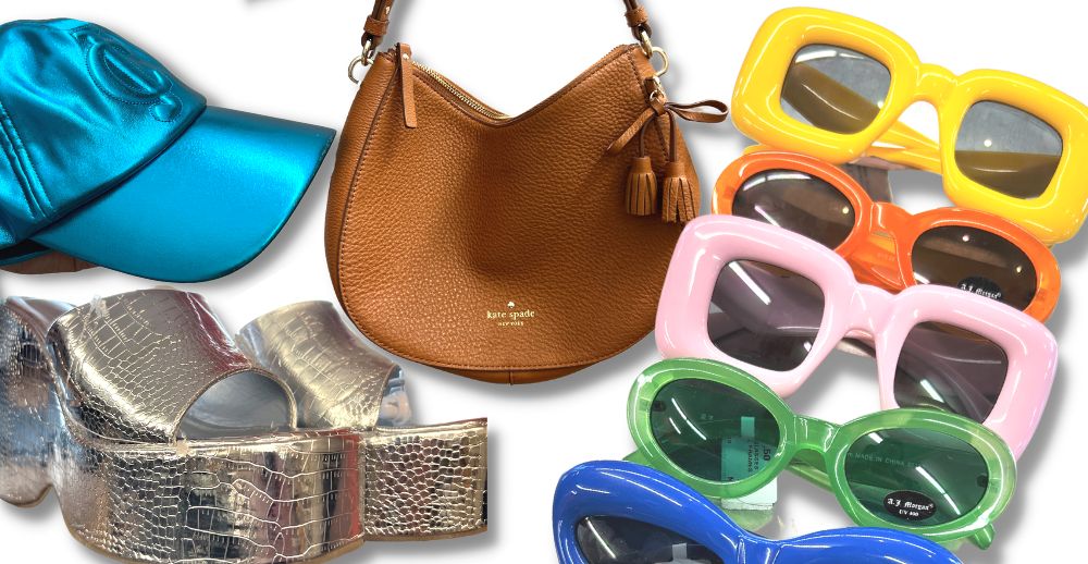 Collage of accessories include a metallic blue cap, silver platform sandals, leather purse, and a rainbow of plastic sunglasses