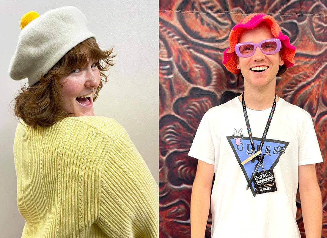 2 People Wearing Cream & Yellow Egg Beret & Colorful Crochet Bucket Hat