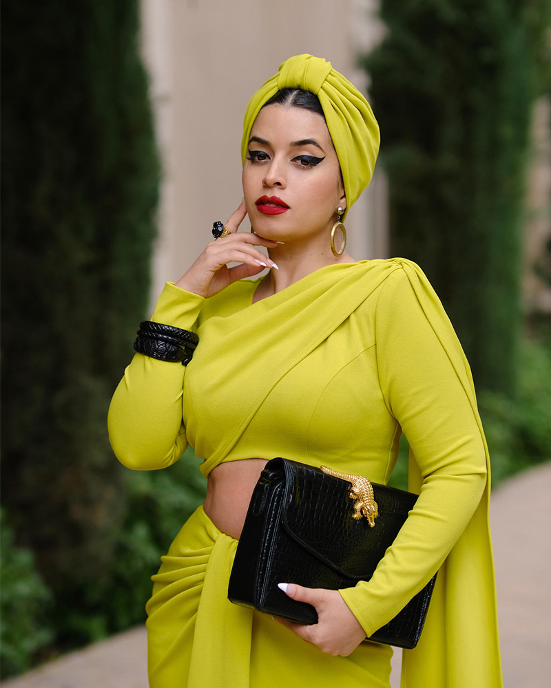 VV-Sized-1 retro pinup style chartreuse top and skirt set with matching headwrap