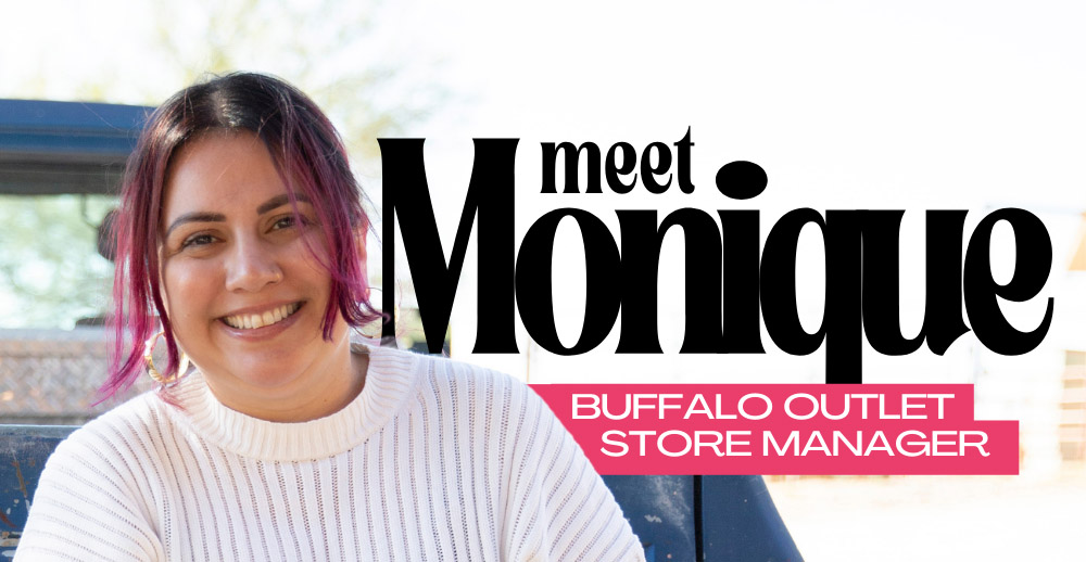 Text reading "Meet Monique, Buffalo Outlet Store Manager" over a photo of Monique