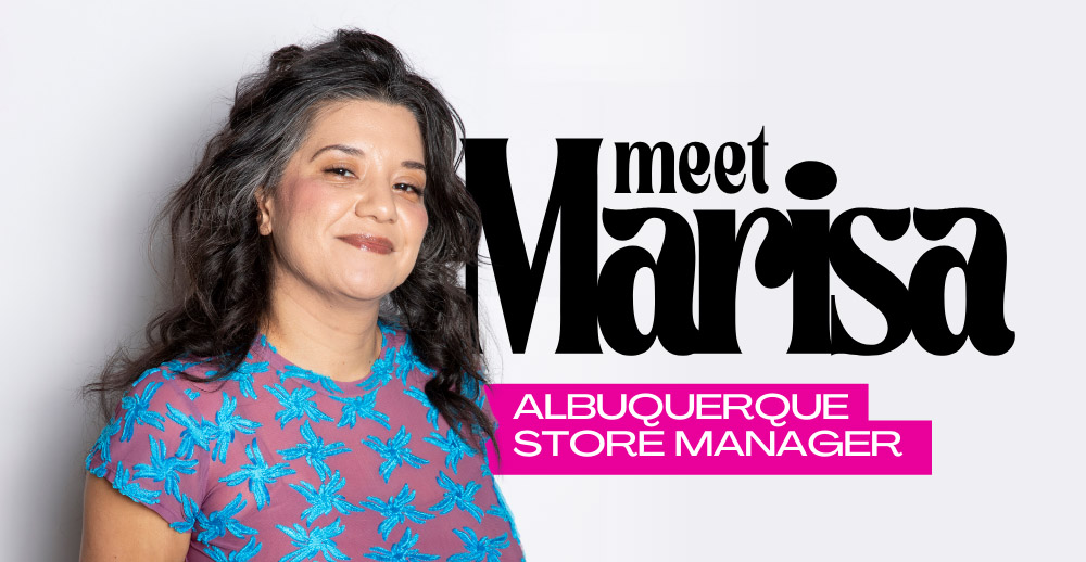 Text reading "Met Marisa, Albuquerque Store Manager" over a photo of Marisa