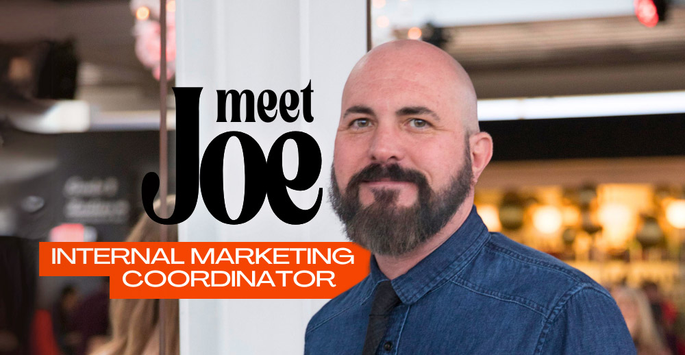 Text reading "Meet Joe Internal Marketing Coordinator" over a photo of Joe in a denim button up and black tie