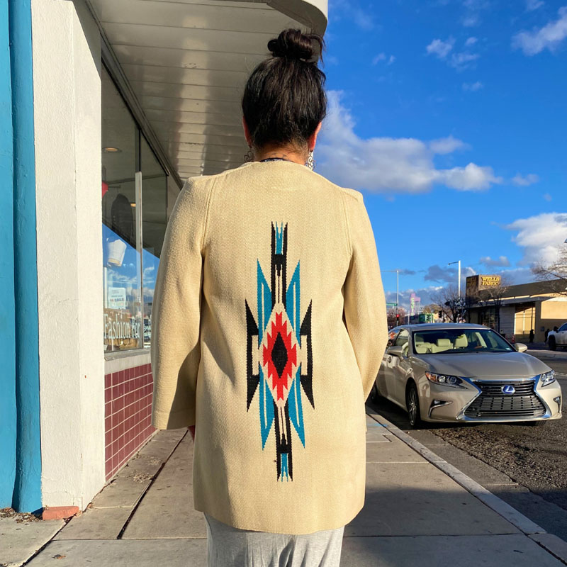 One of Marisa's favorite finds - a Chimayo jacket modeled by Marisa on a sidewalk