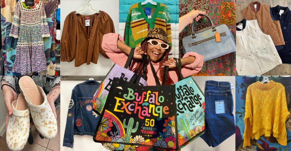 Collage of fall clothing styles and a woman smiling while holding Buffalo Exchange tote bags