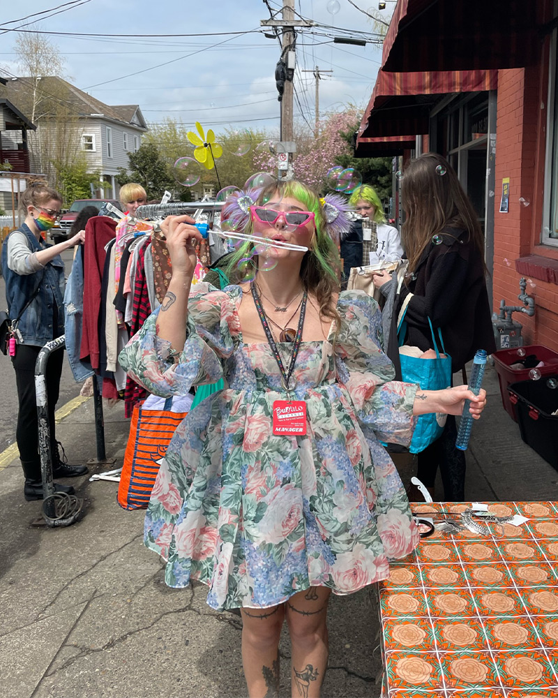 Buffalo store manager blowing bubbles