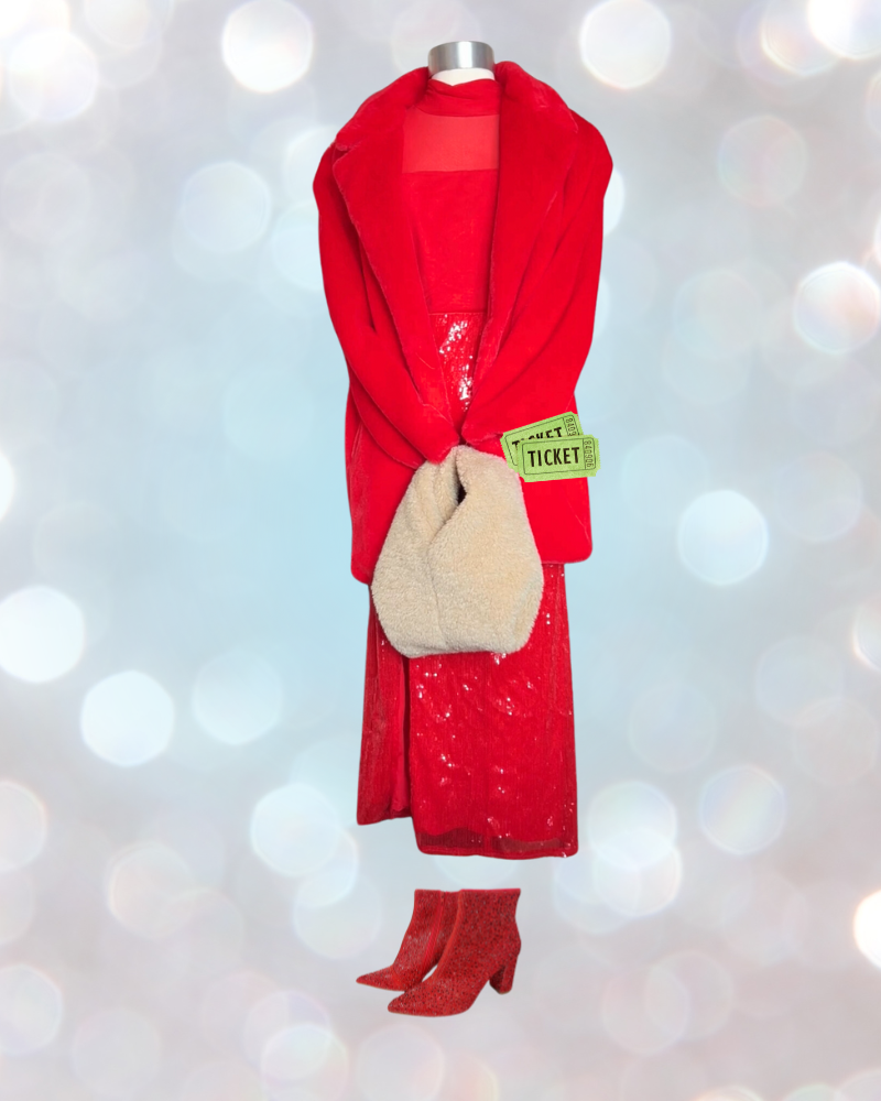 1 Mannequin holding theatre tickets and fuzzy bag wears all red outfit