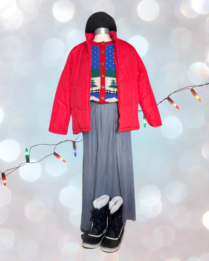 2 Mannequin wears knit sweater, gray maxi skirt, red puffer jacket and black snow boots with black beret