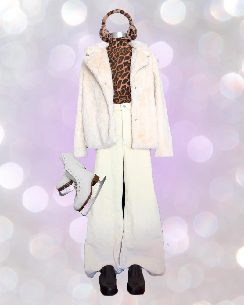 4 Mannequin holding ice skates wears cream outfit with leopard print earmuffs
