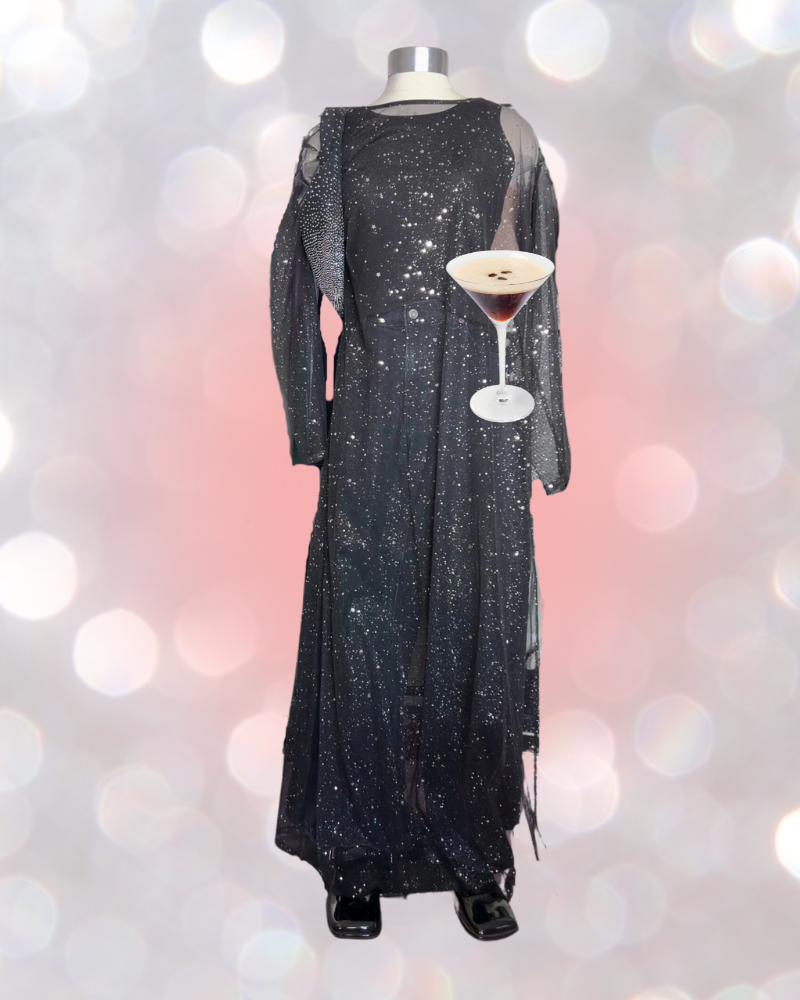 5 Mannequin holding espresso martini wears sparkly black outfit