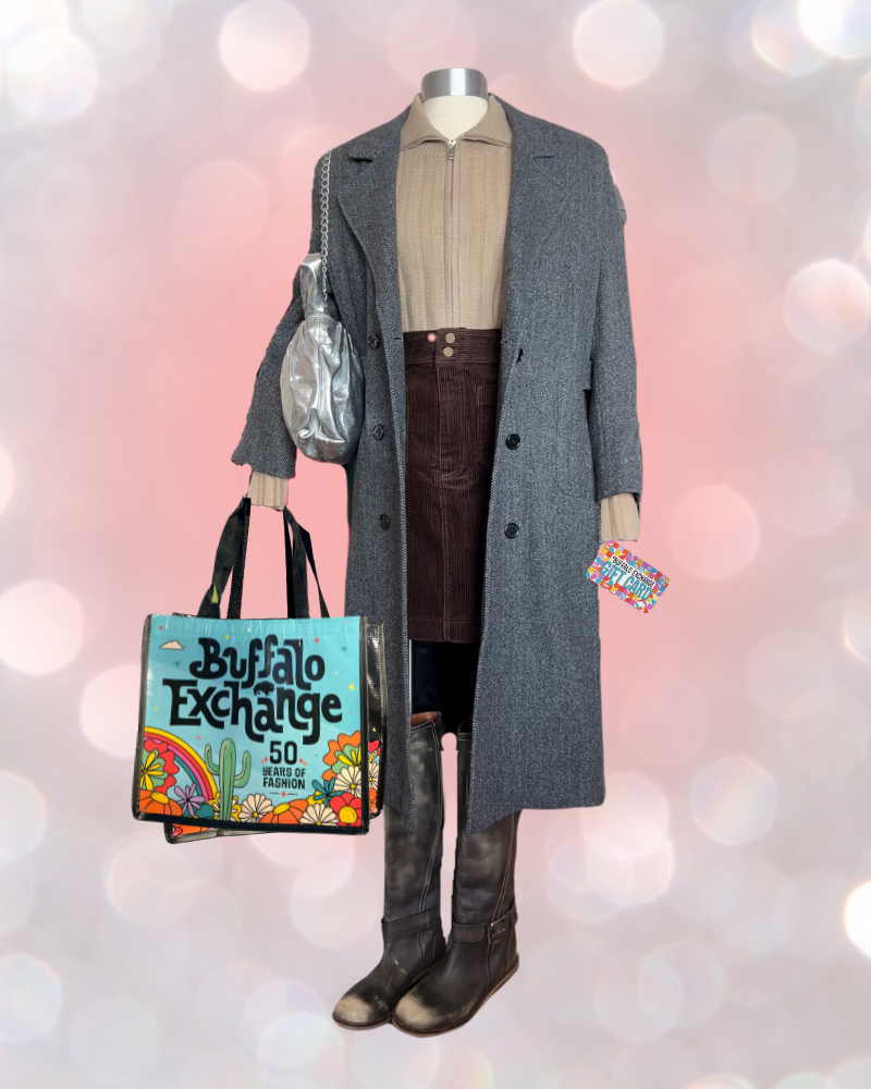 7 Mannequin holding Buffalo Exchange gift card tote bags wears neutral outfit and gray coat